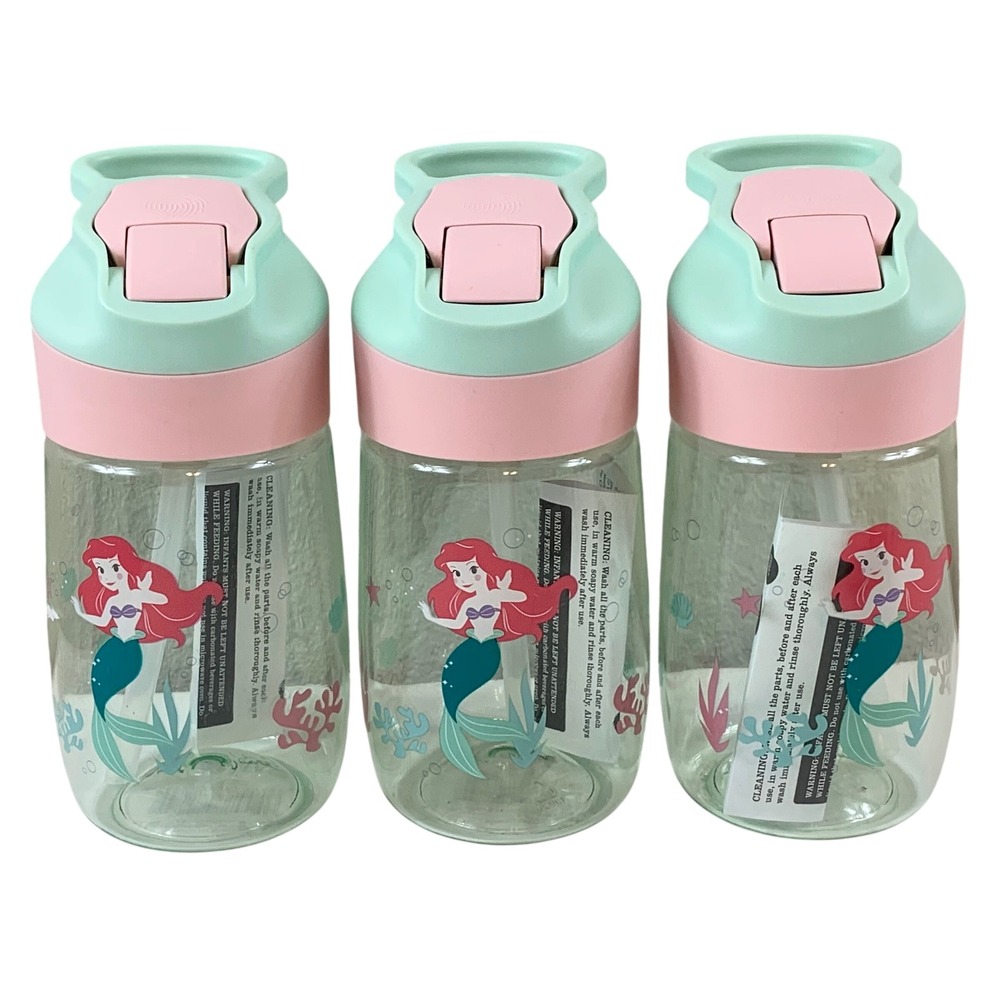Disney Baby Princess Ariel Pop Up Straw Cup 3 Pack Mint Pink Little Mermaid NEW